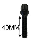 Set of 20 alloy wheel bolts M14 x 1.5 Cone seat Black Cone 40mm Thread length