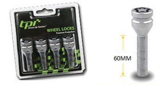 Set of 4 locking alloy wheel bolts M14 x 1.5 Cone seat 60mm Thread length